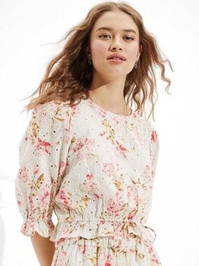 American Eagle Crop Top Eyelet Embroidered Floral Boho Cotton Linen XS Coquette